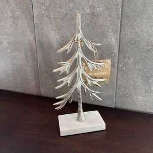 Arctic Holiday (Pottery Barn Dupe) Silver Sculpted Metal Tree Marble Base 12"